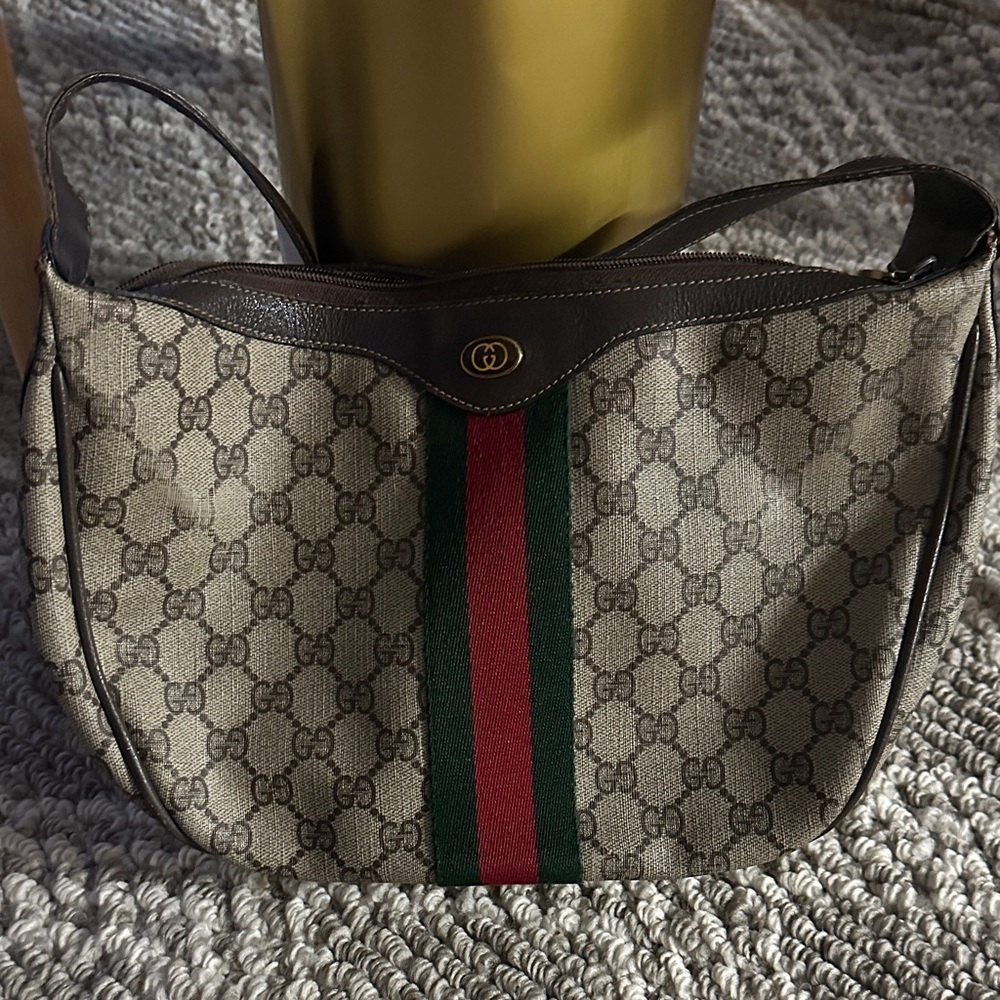 Gucci Beige and Brown Shoulder Bag with Red and Green Stripe